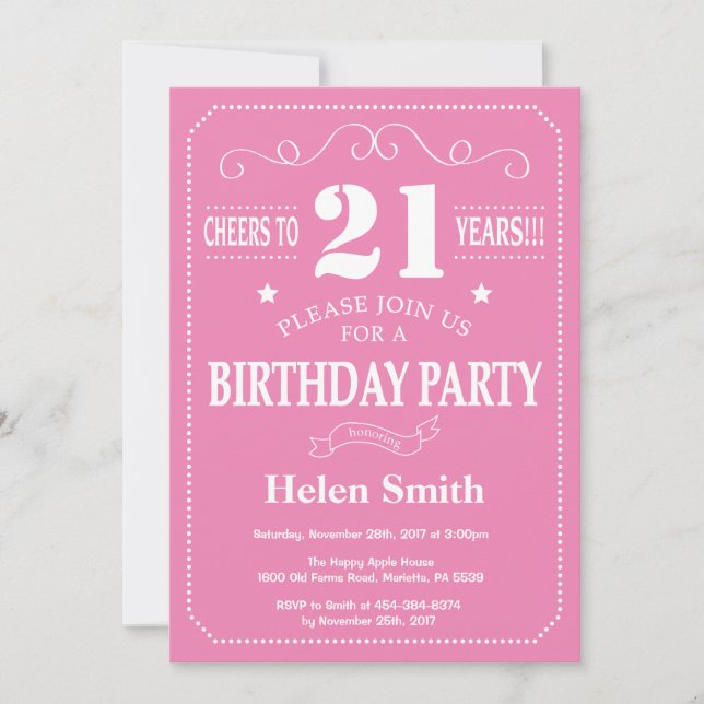 21st Birthday Invitation Pink and White (Front)