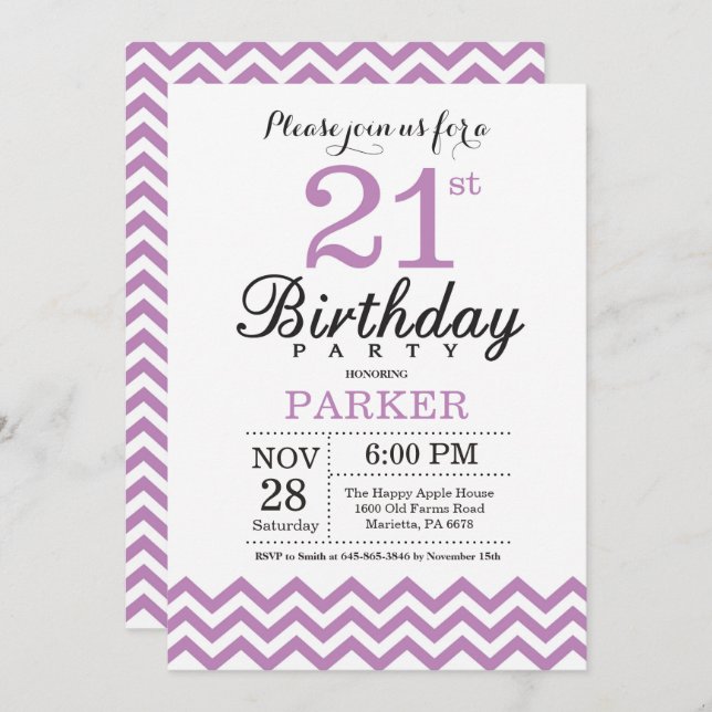 21st Birthday Invitation Purple Chevron (Front/Back)