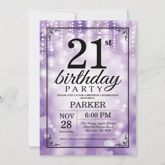 21st Birthday Invitation Purple Glitter (Front)