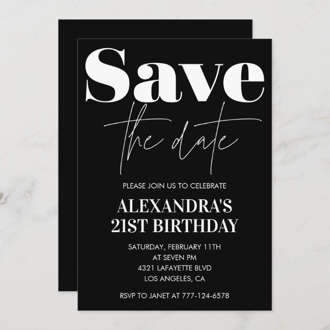 21st birthday invitation Save the date Black White (Front/Back)