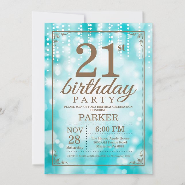 21st Birthday Invitation Teal and Gold Glitter (Front)