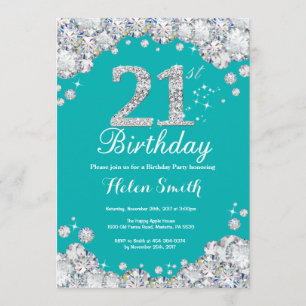 21st Birthday Invitation Teal and Silver Diamond