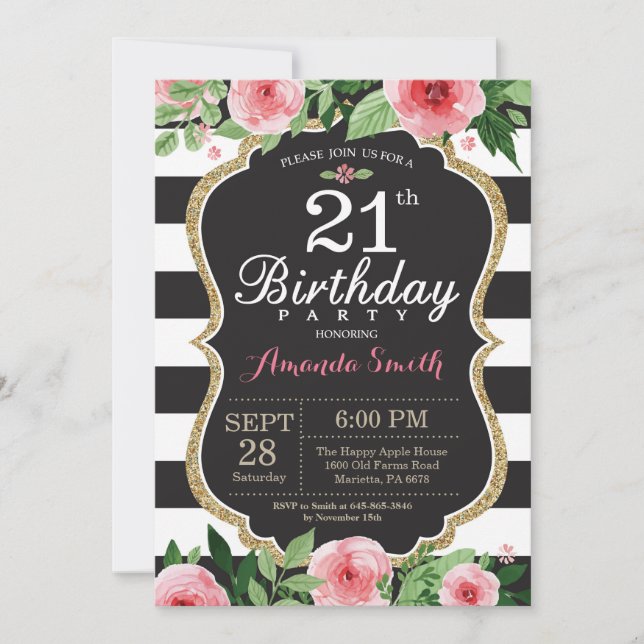 21st Birthday Invitation Women. Floral Gold Black (Front)