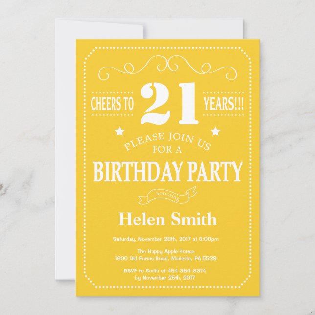 21st Birthday Invitation Yellow and White (Front)