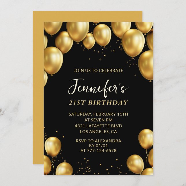 21st birthday invitations Balloons Gold Confetti (Front/Back)