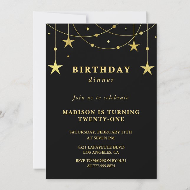 21st birthday invitations Black and Gold Stars (Front)