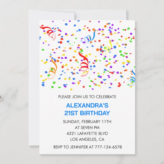 21st birthday invitations Blue Confetti Rainbow (Front)
