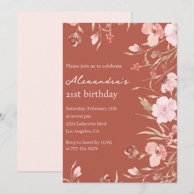 21st birthday invitations Boho Floral Chic (Front/Back)