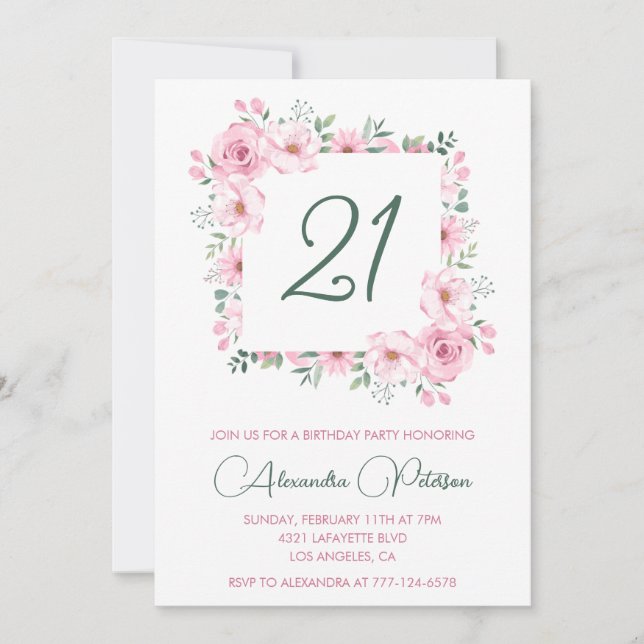 21st birthday invitations Floral Elegant Pink (Front)