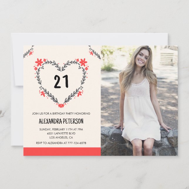 21st birthday invitations floral heart (Front)