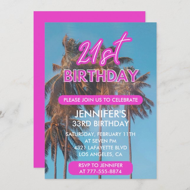 21st birthday invitations Pink Tropical (Front/Back)