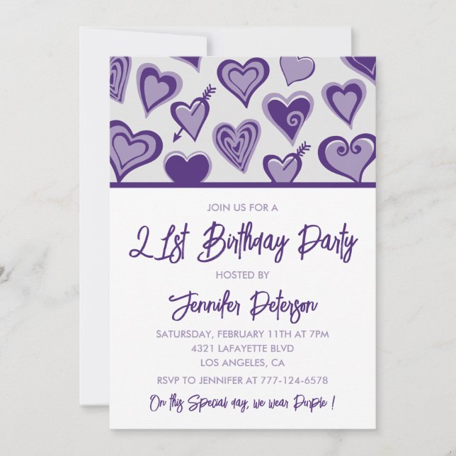 21st birthday invitations Purple Hearts (Front)