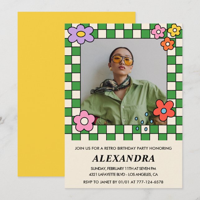 21st birthday invitations Retro Groovy Flowers (Front/Back)