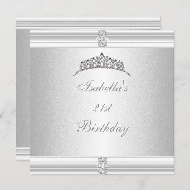 21st Birthday Jewel Tiara Silver White Invitation (Front/Back)