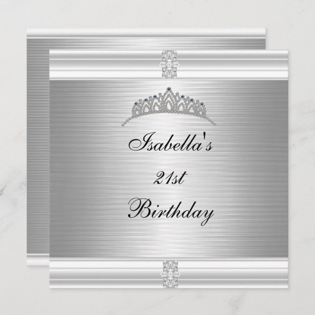 21st Birthday Jewel Tiara Silver & White Invitation (Front/Back)