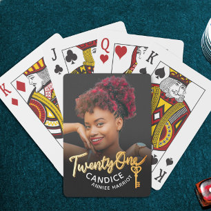 21st Birthday key custom photo gold black Playing Cards