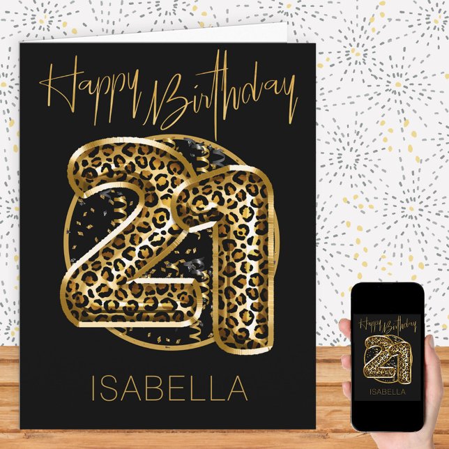 21st Birthday Leopard Print Gold Foil Balloons Card (Creator Uploaded)