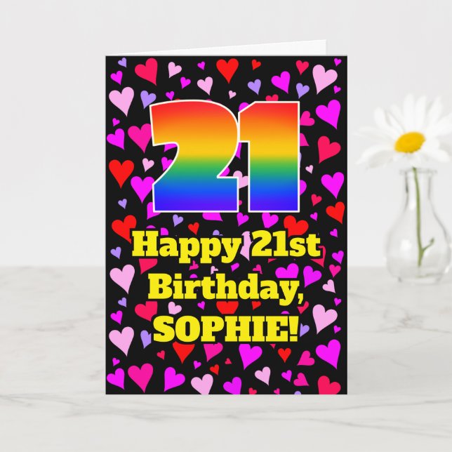 21st Birthday: Loving Hearts Pattern, Rainbow # 21 Card (Small Plant)