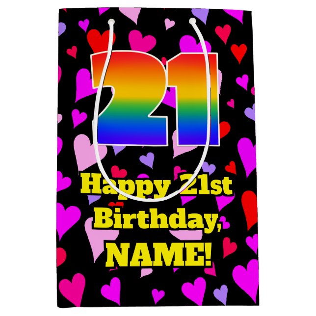 21st Birthday: Loving Hearts Pattern, Rainbow # 21 Medium Gift Bag (Front)