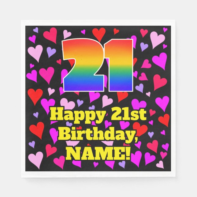 21st Birthday: Loving Hearts Pattern, Rainbow # 21 Napkin (Front)