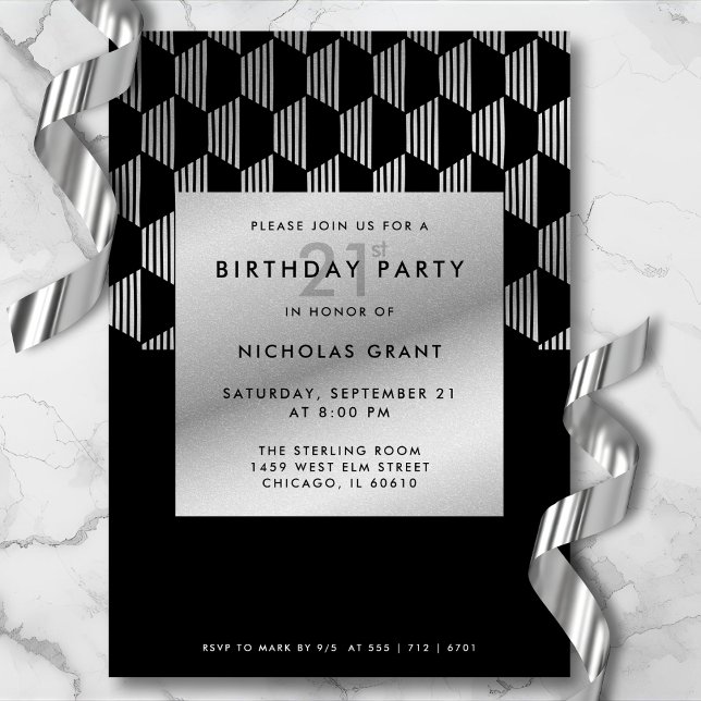 21st Birthday Modern Black Faux Silver Foil Invitation (Gender-neutral design for him or her.)