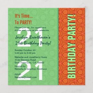21st Birthday Modern Bright Green and Orange W821 Invitation