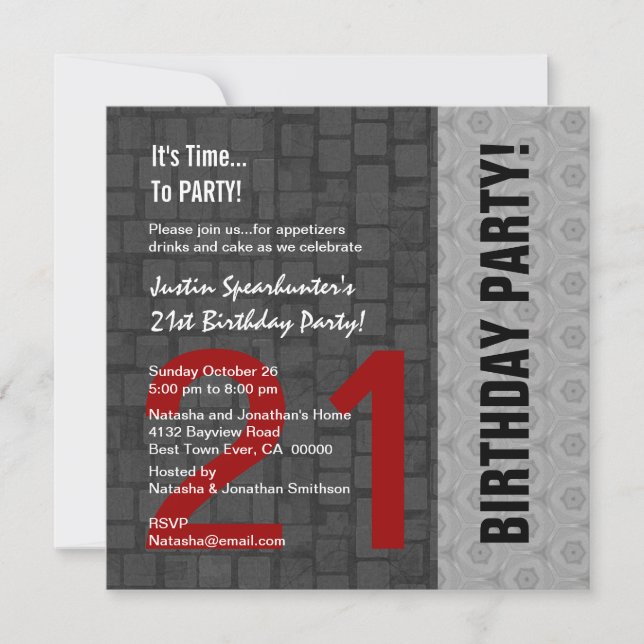 21st Birthday Modern Red Silver Black D416 Invitation (Front)