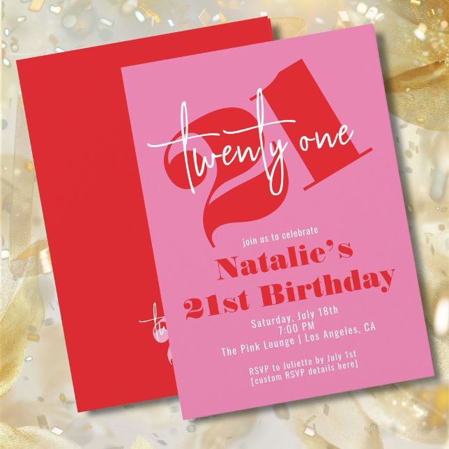 21st Birthday Modern Retro Pink Red Typography Invitation (Creator Uploaded)