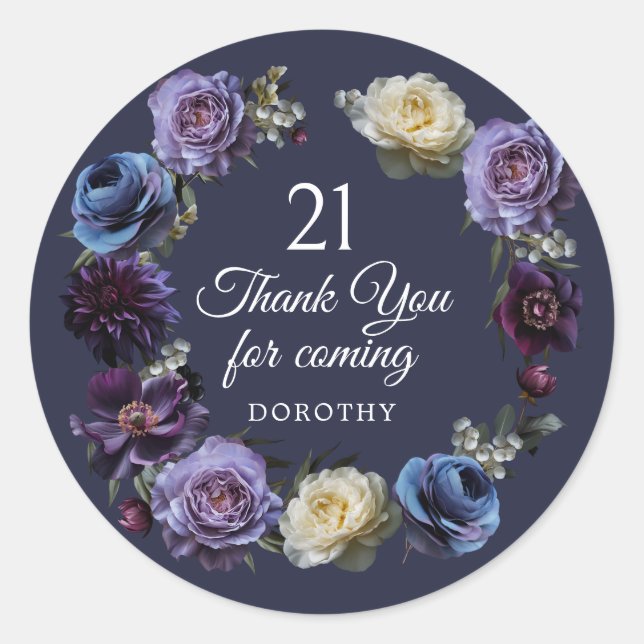 21st Birthday Moody Purple Flower Thank You Favour Classic Round Sticker (Front)