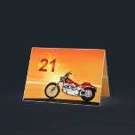 21st birthday Motorcycle sunset Card<br><div class="desc">A motorbike similar to a Harley standing by the sea with a glorious orange sunset. A great card for anybody who likes biking and motorcycles.See the whole range of cards for ages and relationships in my store. All artwork copyright Norma Cornes</div>