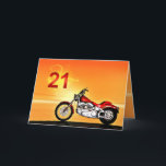 21st birthday Motorcycle sunset Card<br><div class="desc">A motorbike similar to a Harley standing by the sea with a glorious orange sunset. A great card for anybody who likes biking and motorcycles.See the whole range of cards for ages and relationships in my store. All artwork copyright Norma Cornes</div>