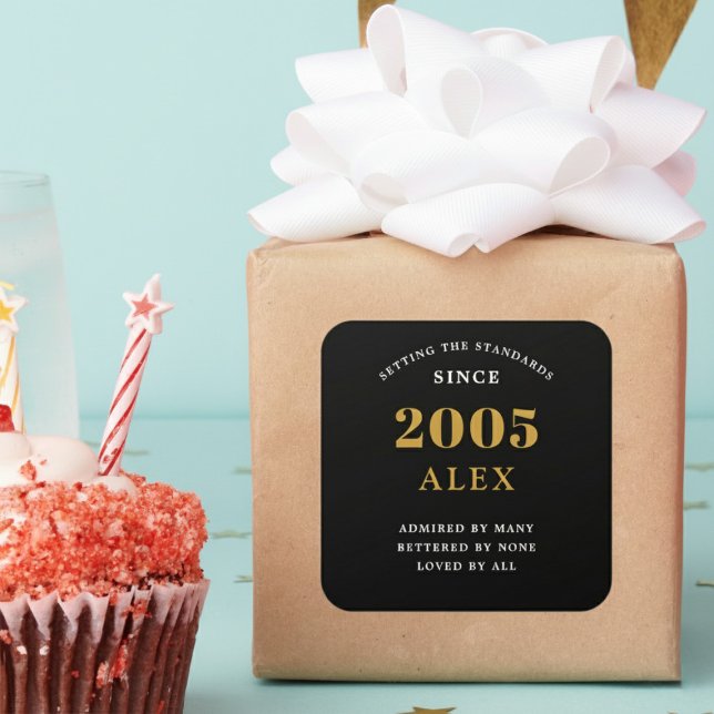21st Birthday Name 2005 Black Gold Elegant Chic Square Sticker (Born 2005 birthday sticker on a wrapped present.)