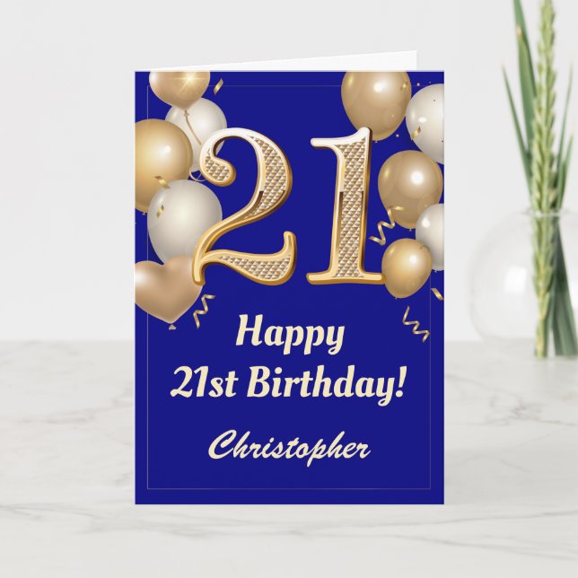 21st Birthday Navy Blue and Gold Balloons Confetti Card (Front)