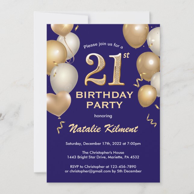 21st Birthday Navy Blue and Gold Glitter Balloons Invitation (Front)