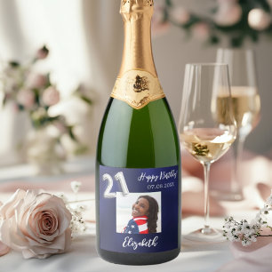 21st Birthday navy blue photo Sparkling Wine Label
