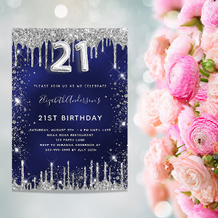 21st birthday navy blue silver glitter dust glam invitation