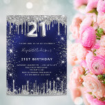 21st birthday navy blue silver glitter dust glam invitation postcard<br><div class="desc">A modern,  stylish and glamourous invitation for a 21st birthday party.  A navy blue background,  decorated with faux silver glitter dust.  Personalise and add your name and party details.  Number 21 is written with a balloon style font,  script.
Back: royal blue colour</div>