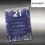 21st birthday navy blue silver glitter luxury magnetic invitation<br><div class="desc">A modern,  stylish and glamourous invitation magnet for a 21st birthday party.  A navy blue background,  decorated with faux silver glitter,  sparkles.  The blue colour is uneven. Personalise and add your name and party details.  Number 21 is written with a balloon style font,  script.</div>