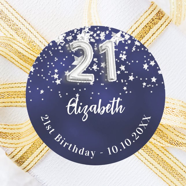 21st birthday navy blue silver stars classic round sticker (Creator Uploaded)