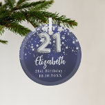 21st birthday navy blue silver stars glass tree decoration<br><div class="desc">A navy blue background colour with faux silver stars. The blue colour is uneven.  Add your name,  text/date</div>