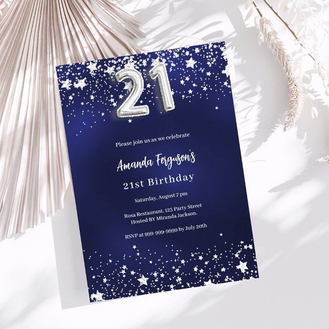 21st birthday navy blue silver stars invitation (Creator Uploaded)