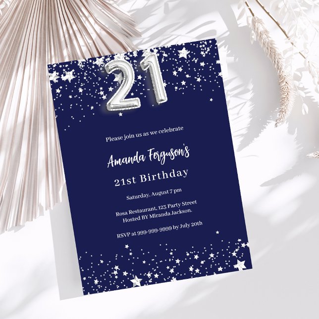 21st birthday navy blue silver stars invitation (Creator Uploaded)