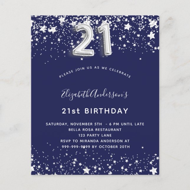 21st birthday navy blue silver stars invitation (Front)