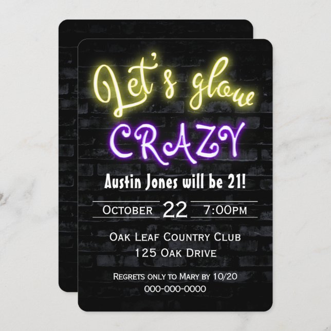 21st Birthday Neon Glow Sign on Brick Wall Invitation (Front/Back)