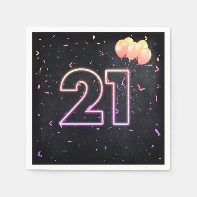 21st Birthday Neon Sign On Black Napkins (Front)