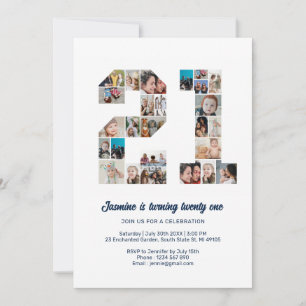 21st Birthday Number 21 Custom Photo Collage Invitation