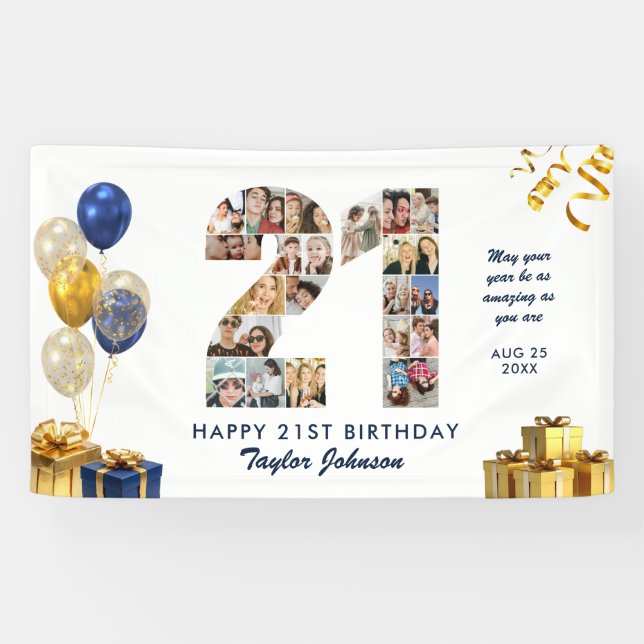 21st Birthday Number 21 Photo Collage White Gold Banner (Horizontal)