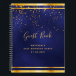 21st Birthday Party 21 dark blue gold guest book<br><div class="desc">A 21st Birthday Party informal Guest Book for him, boy, guy in dark blue, navy blue background. The blue colour is uneven. With a faux gold frame and golden confetti sprinkle, golden coloured letters. The title Guest Book is written with modern hand lettered style script. Template for a name, age...</div>