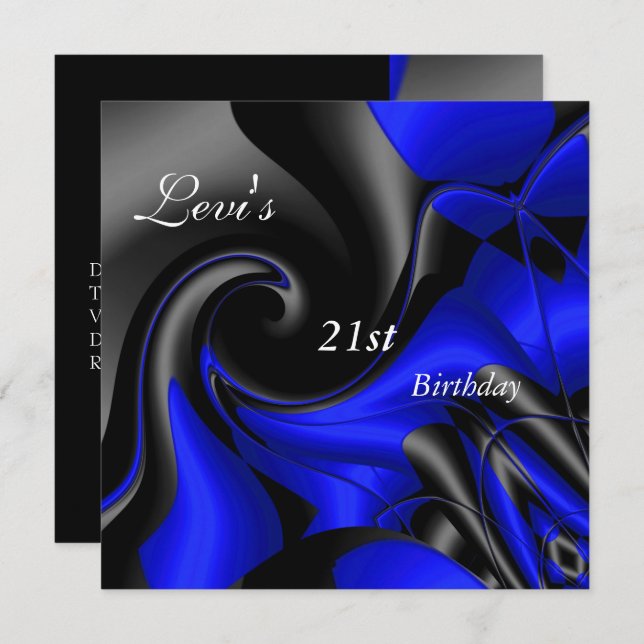 21st Birthday Party Abstract Black blue Mens Invitation (Front/Back)