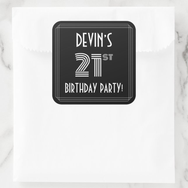 21st Birthday Party: Art Deco Style & Custom Name Square Sticker (Bag)